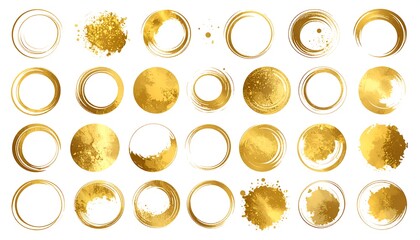 Collection of golden circle frames and design elements.