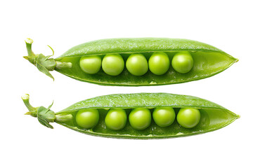 Two split pea pods, displaying rows of peas