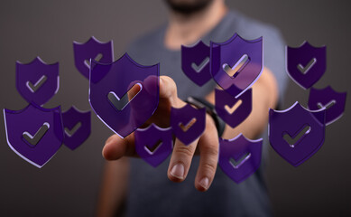 A hand touching a virtual shield with a checkmark symbol represents digital security, data protection and cyber security.
