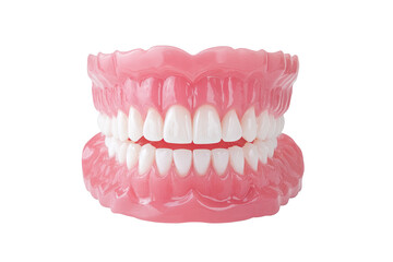 Full upper and lower dentures, close-up.  Pink gum-colored base with white teeth.  Isolated on black background