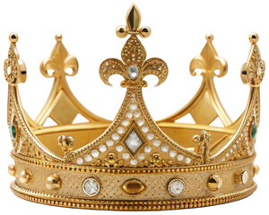 Intricately detailed and ornate golden crown, crafted from a textured metallic material with embedded sparkling rhinestones and fleur-de-lis embellishments,, isolated on transparent background.