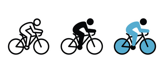 Fototapeta premium Three cyclists riding bicycles in different colors and styles side by side in profile view sports icons Illustration