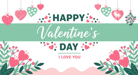 Happy Valentine's Day Banner with Hearts and Flowers, Romantic Greeting, Love Celebration, Digital Marketing, Social Media