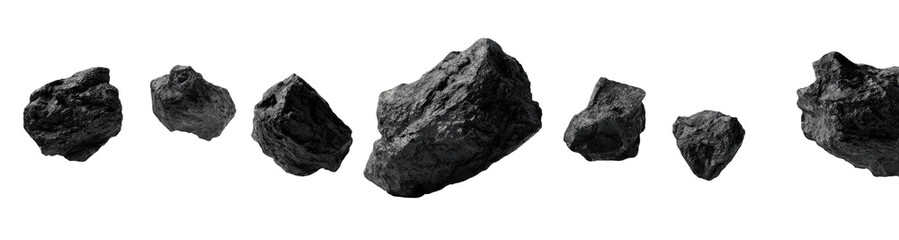 Obraz premium Dark, irregular asteroid fragments against a black background. Various shapes and sizes