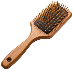 Warm-toned, polished wooden hairbrush with densely packed natural boar bristles and a smooth, ergonomically designed handle featuring a convenient hanging hole,, isolated on transparent background.