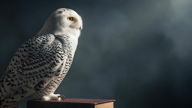 Majestic Snowy Owl Perched on Book, Dramatic Lighting