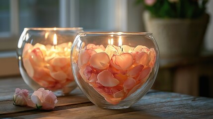 Romantic heart shaped candles with warm light for love and valentine concept