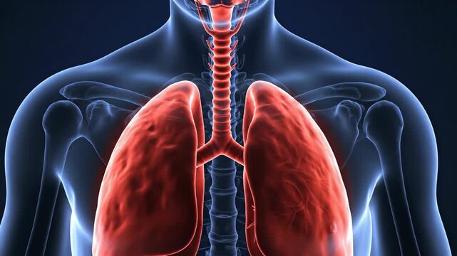 Anatomical illustration of human respiratory system against a dark background