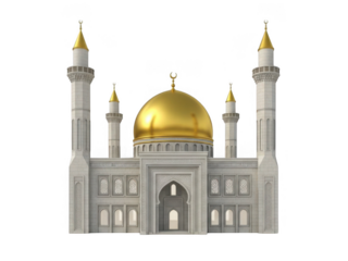 Golden dome mosque with twin minarets isolated on transparent background