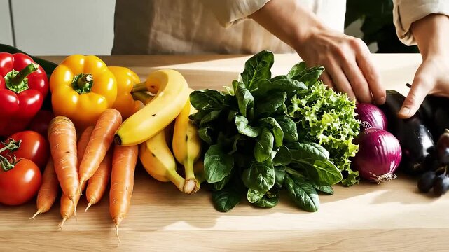 Hands arranging colorful fruits and vegetables in a rainbow pattern, vivid natural colors