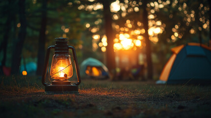 Warm glow from lantern marks end of day while camping in the woods near tents and trees at sunset
