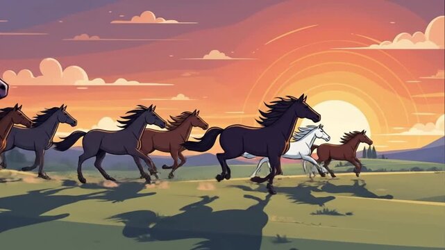 Galloping horses silhouette sunset stylized illustration
