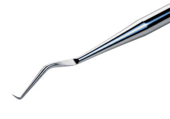 highly polished stainless steel dental scaler, extreme macro close-up of the razor-sharp tip, diagonal composition on transparent studio background, emphasizing surgical precision concept of dentistry