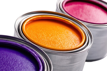 Close-up of three paint cans, showcasing vibrant colors