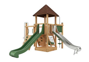 Detailed 3d render of a premium wooden modular playground structure featuring a dark mahogany roof and reflective chrome slide, isolated on a transparent studio background. Concept for outdoor