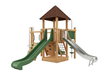 Detailed 3d render of a premium wooden modular playground structure featuring a dark mahogany roof and reflective chrome slide, isolated on a transparent studio background. Concept for outdoor