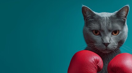 Cat wearing boxing gloves representing competition and strength metaphor. Humorous animal concept for marketing and branding visuals. Symbolic power and challenge theme