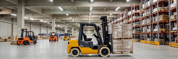 Forklifts operating in a large modern warehouse with stacked pallets