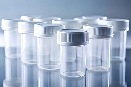 Transparent specimen containers with white lids arranged on a reflective surface, representing sterile medical sample collection and laboratory diagnostic procedures