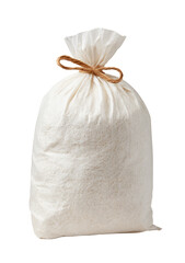A white cloth sack filled with a light-colored, granular substance, tied with a light brown string
