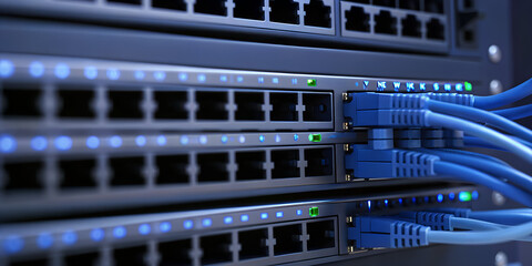 Network switch and network cables in modern server room data center
