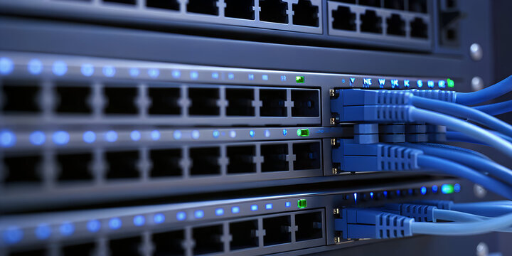 Network switch and network cables in modern server room data center
