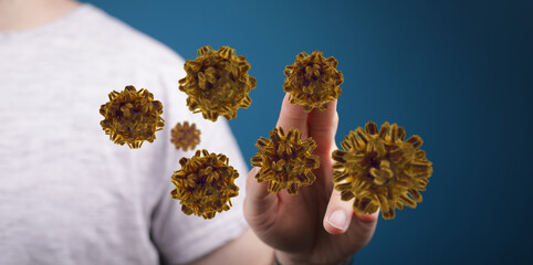 Close up shot of a hand interacting with virus particles. Concept of disease, germs and medical...