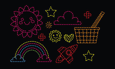 Kindergarten Learning Doodle Elements in black background,Colorful embroidered glowing shapes of a sun rainbow stars rocket and basket on black background