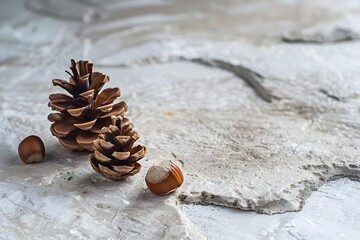 Minimal Pinecone and Hazelnut Still Life on Light Stone Background