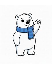 Fototapeta premium Cartoon polar bear waving with a blue scarf on a white background. 