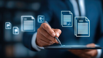 Businessman digitally signing documents on a tablet with floating icons
