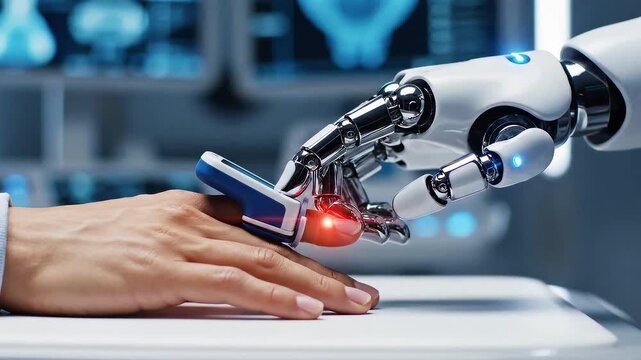 Robotic hands checking blood oxygen sensor on patient finger