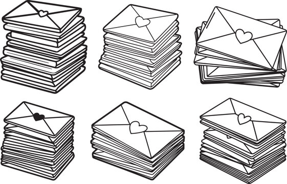 Set of Stack of Love Letters Envelopes with Heart Line Art, Coloring Book Page Vector Illustration