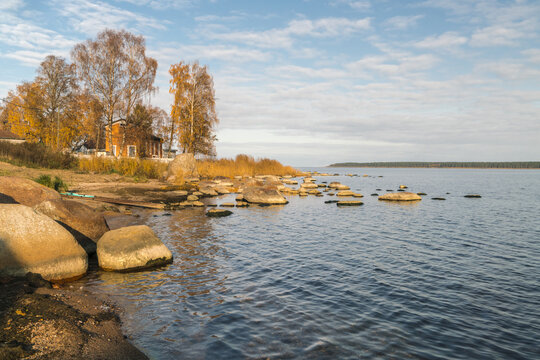 View of the calm sea reflecting the sky, with scattered rocks and a small house nestled among golden autumn trees, Altja, Laane-Viru County, Estonia.