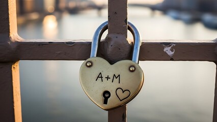 Heart shaped lock on railing with A M initials