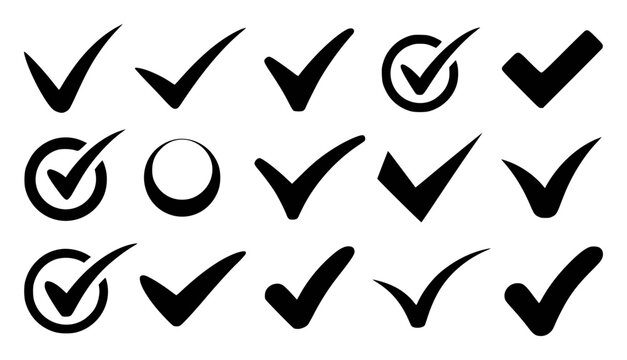Collection of black check mark and symbols white tick approved
