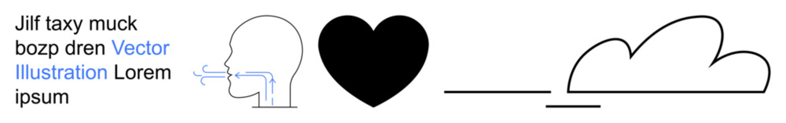 Communication, emotions, abstract thinking, creativity, weather, simplicity. Human head outline with airflow, black heart and minimalist cloud. Communication and emotions conceptual