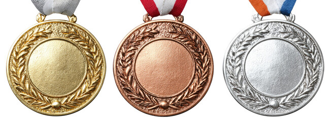 Three medals, gold, silver, and bronze, with ribbons (1)