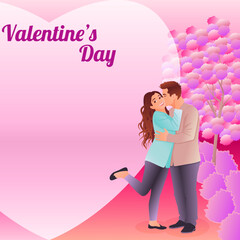 Romantic couple kissing in a park with a heart background. Valentine Day design with copy space. Square vector illustration.