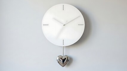 Chrome heart pendulum hanging from white wall clock