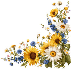 Floral corner design with sunflowers, daisies, and blue flowers