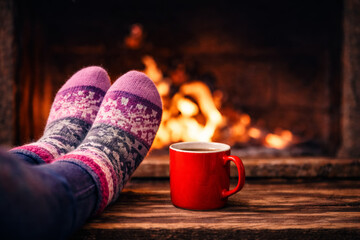 Cozy winter evening by the fireplace with warm knitted socks and a hot drink in a mug