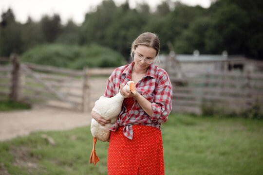 A beautiful female farmer against a backdrop of nature and a farm. She holds a white goose tenderly and lovingly in her arms.