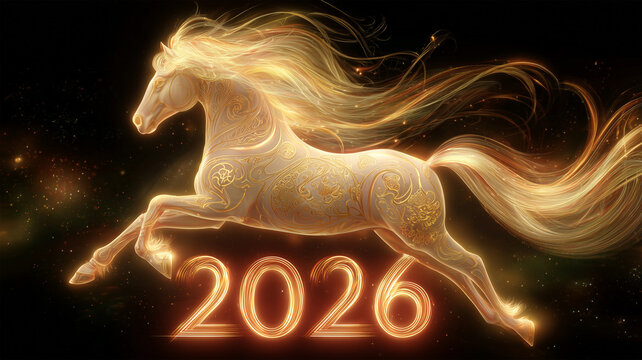 祝福する神話的な金の馬と、幻想的な2026年ビジュアル