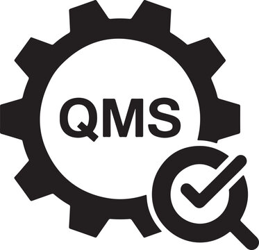 Quality Management System QMS icon, gear and magnifying glass