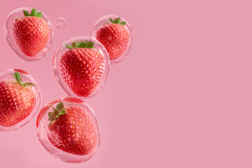 Playful surreal levitation of strawberry berries inside transparent bubbles, copy space.