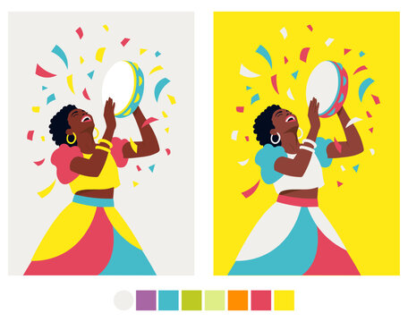 Joyful Brazilian Woman Playing Pandeiro - Vibrant Carnaval Samba Musician with Confetti