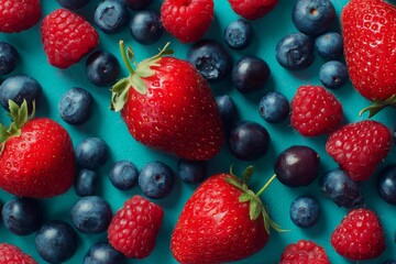 Obraz premium Mixed berries including strawberries, raspberries, and blueberries laid out on a blue background in bright light Generative AI