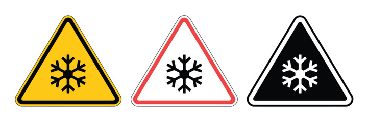 Cold warning signs collection silhouette flat icon design element, modern safety symbol set for cold weather alerts, low temperature danger, icy conditions, and industrial refrigeration warnings.