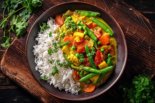 Curry served with rice and vegetables on a wooden table in a cozy kitchen setting Generative AI - Powered by Adobe